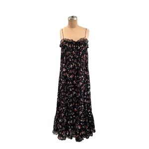 Madewell Floral Metallic Midi Dress Black Pleated Ruffle Cocktail Party Size 6